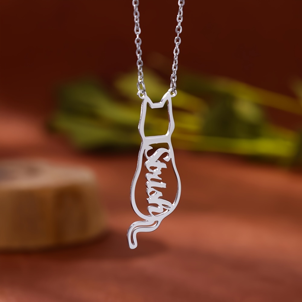 Custom Hollow Cat Silhouette Stainless Steel Necklace With English Names